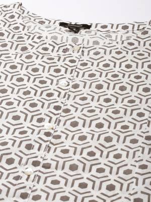 women's calf length round neck cream geometric a-line kurta 3
