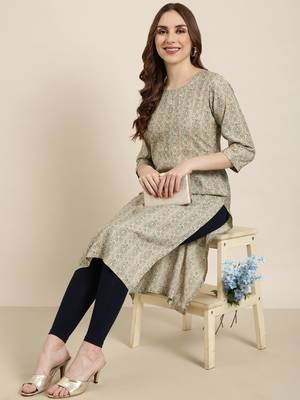 Showoff women's calf length round neck beige ethnic motifs straight kurta 1