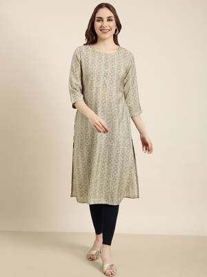 Showoff women's calf length round neck beige ethnic motifs straight kurta 2