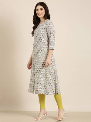 women's calf length round neck cream geometric a-line kurta 4