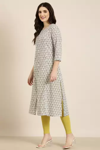 women's calf length round neck cream geometric a-line kurta