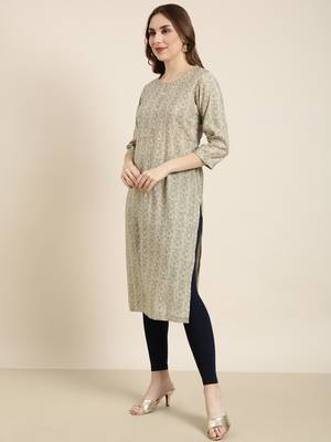 Showoff women's calf length round neck beige ethnic motifs straight kurta 3