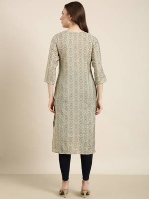 Showoff women's calf length round neck beige ethnic motifs straight kurta 4