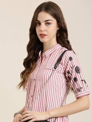 women's calf length shirt collar red striped a-line kurta 2