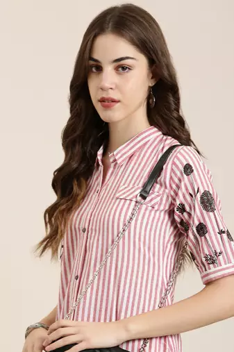 women's calf length shirt collar red striped a-line kurta
