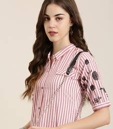 women's calf length shirt collar red striped a-line kurta