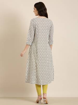 women's calf length round neck cream geometric a-line kurta 5