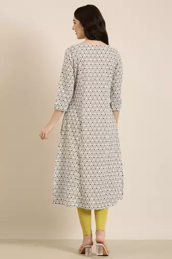women's calf length round neck cream geometric a-line kurta