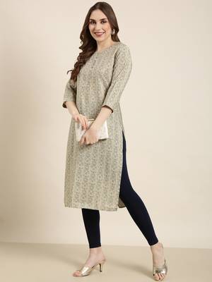 Showoff women's calf length round neck beige ethnic motifs straight kurta 5