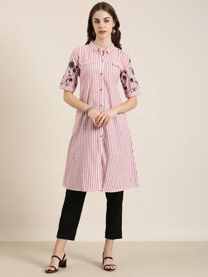 women's calf length shirt collar red striped a-line kurta 1