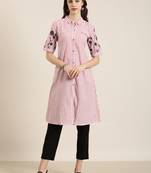 women's calf length shirt collar red striped a-line kurta