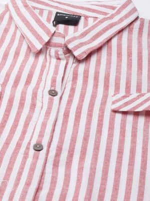 women's calf length shirt collar red striped a-line kurta 3