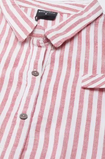 women's calf length shirt collar red striped a-line kurta