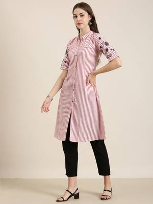 women's calf length shirt collar red striped a-line kurta 4