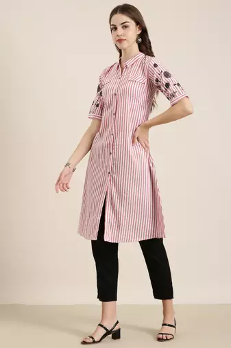 women's calf length shirt collar red striped a-line kurta