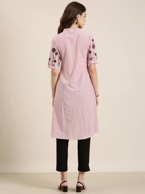women's calf length shirt collar red striped a-line kurta 5