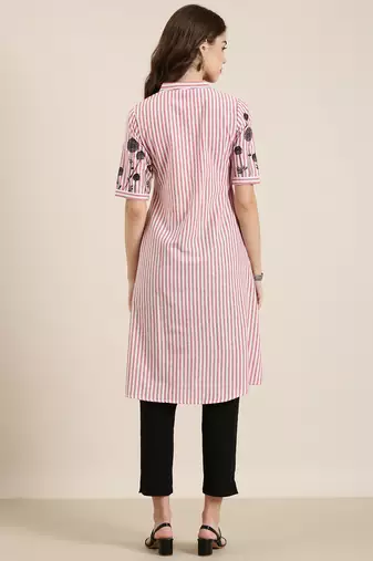 women's calf length shirt collar red striped a-line kurta