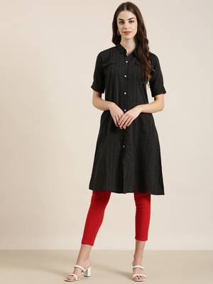 Showoff women's calf length shirt collar black striped a-line kurta 1