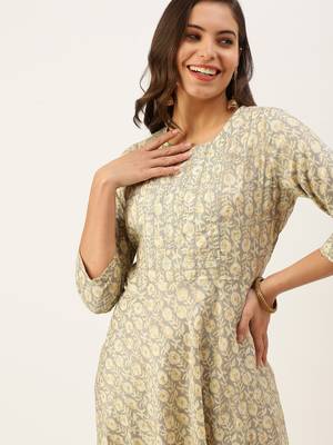 women's ankle length round neck grey floral a-line kurta 1