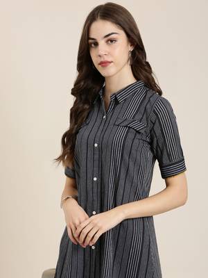 women's calf length shirt collar navy blue striped a-line kurta 2