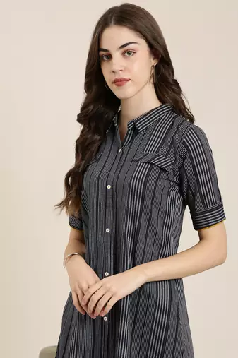 women's calf length shirt collar navy blue striped a-line kurta