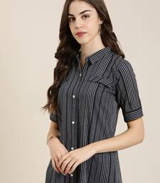 women's calf length shirt collar navy blue striped a-line kurta