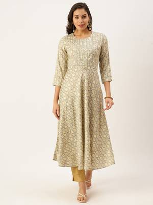 women's ankle length round neck grey floral a-line kurta 2