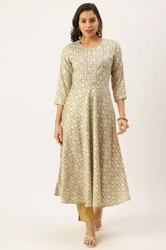 women's ankle length round neck grey floral a-line kurta