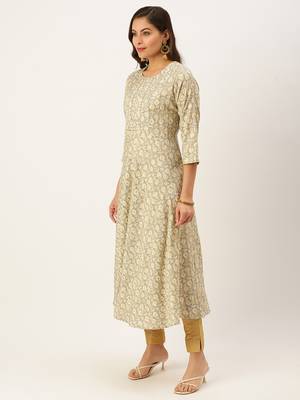 women's ankle length round neck grey floral a-line kurta 3