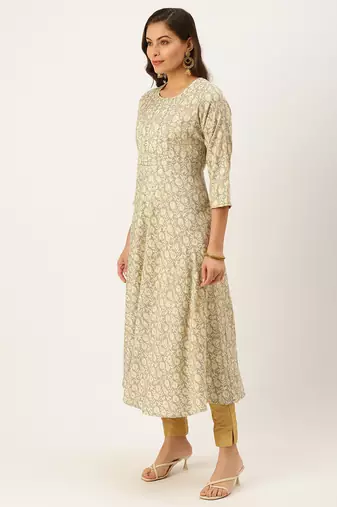 women's ankle length round neck grey floral a-line kurta