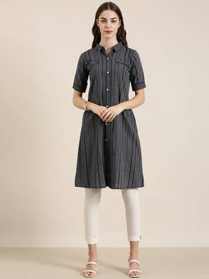 women's calf length shirt collar navy blue striped a-line kurta 1