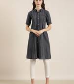 women's calf length shirt collar navy blue striped a-line kurta