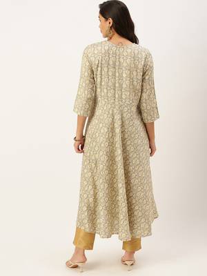women's ankle length round neck grey floral a-line kurta 4