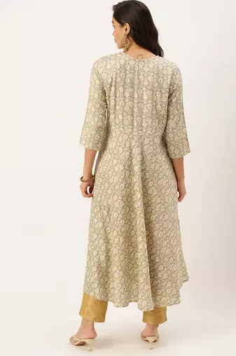 women's ankle length round neck grey floral a-line kurta