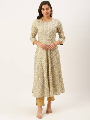 women's ankle length round neck grey floral a-line kurta 5