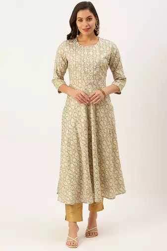 women's ankle length round neck grey floral a-line kurta