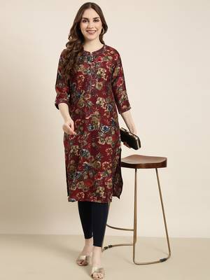 women's calf length round neck maroon floral straight kurta 1