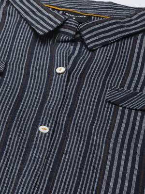 women's calf length shirt collar navy blue striped a-line kurta 3