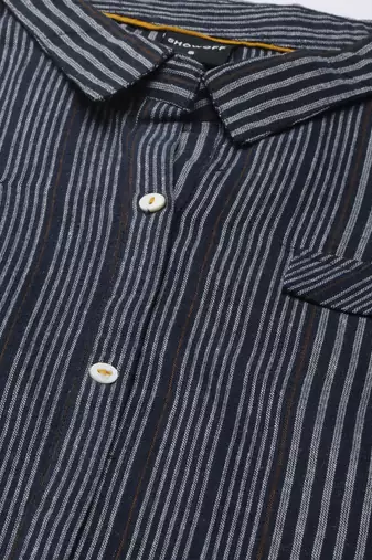 women's calf length shirt collar navy blue striped a-line kurta