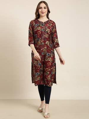 women's calf length round neck maroon floral straight kurta 2