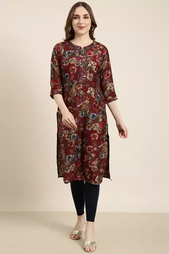 women's calf length round neck maroon floral straight kurta