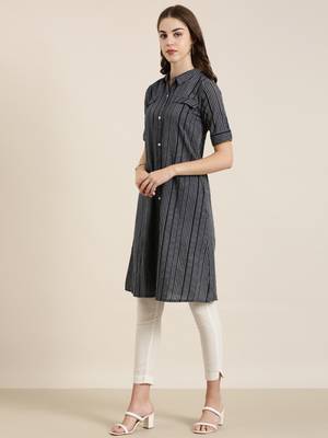 women's calf length shirt collar navy blue striped a-line kurta 4