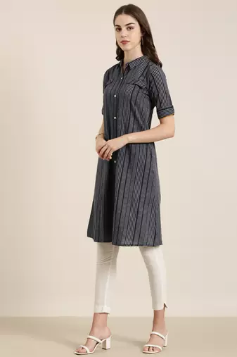 women's calf length shirt collar navy blue striped a-line kurta