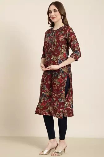 women's calf length round neck maroon floral straight kurta