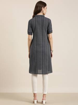 women's calf length shirt collar navy blue striped a-line kurta 5