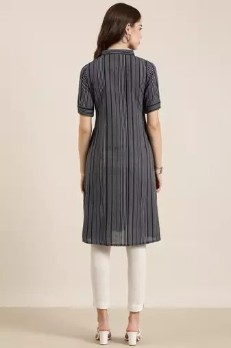 women's calf length shirt collar navy blue striped a-line kurta
