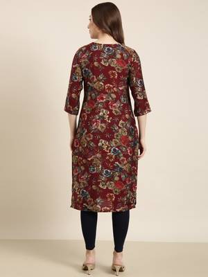 women's calf length round neck maroon floral straight kurta 4