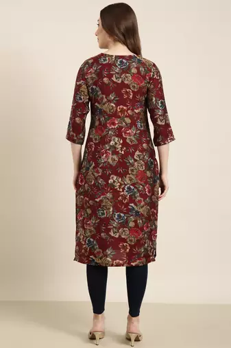 women's calf length round neck maroon floral straight kurta