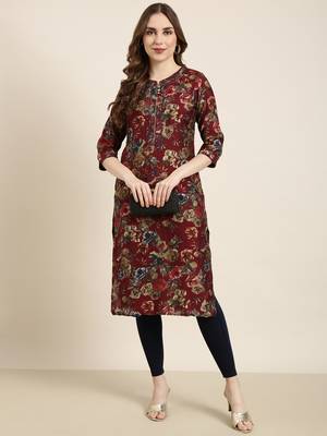 women's calf length round neck maroon floral straight kurta 5