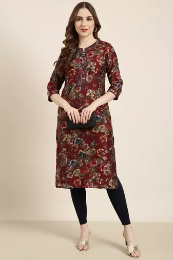women's calf length round neck maroon floral straight kurta